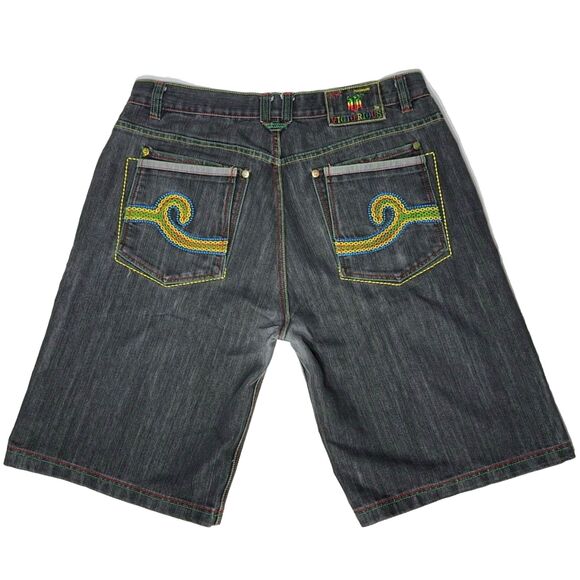 VTG 90s Y2K VICTORIOUS Colorful Embroidered Black Denim Shorts Men Size 40 (B1) - Picture 2 of 15